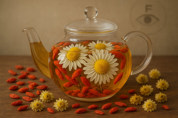Chinese herbal blend of goji berries and chrysanthemum for eye health with scientifically validated benefits.