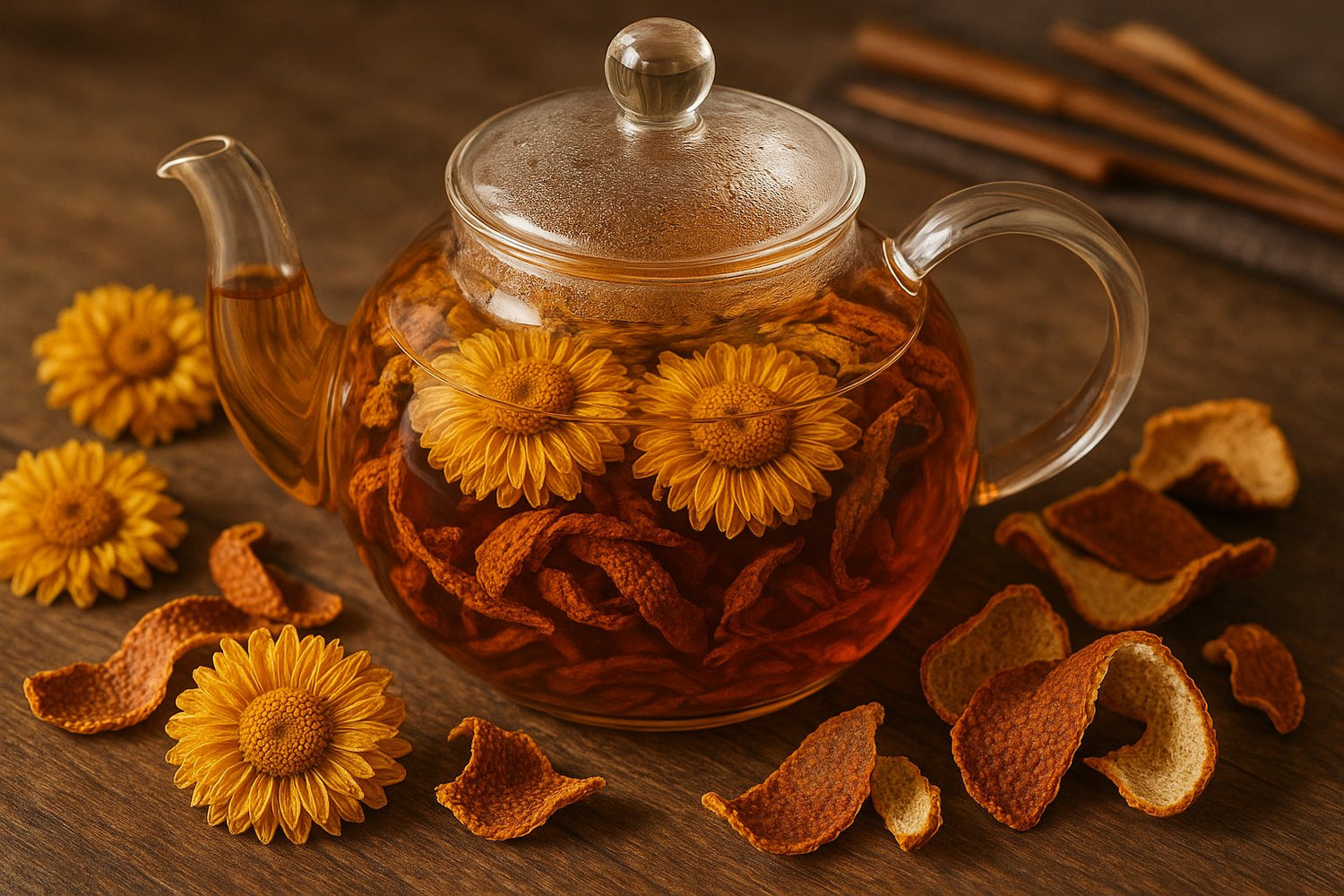 Premium Jinzijian Chrysanthemum flowers and aged Chenpi (tangerine peel) herbal tea blend for lung comfort and respiratory wellness